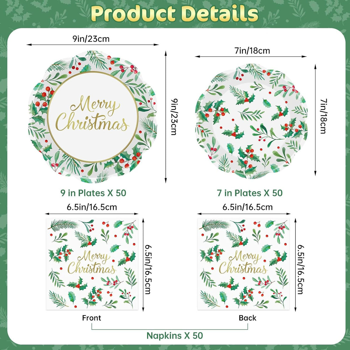 150 Pcs Merry Christmas Plates and Napkins - Disposable Christmas Paper Plates and Napkins, Holly Leaves Red Berries Tableware Sets for Winter Xmas Party Table Decorations Supplies Favors, Serve 50