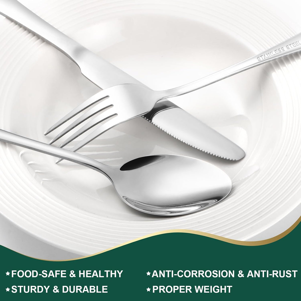 24-Piece Silver Silverware Set with Steak Knives Stainless Steel Flatware Set for 4 Food Grade Tableware Cutlery Set Rust-proof, Mirror Polished, Dishwasher Safe