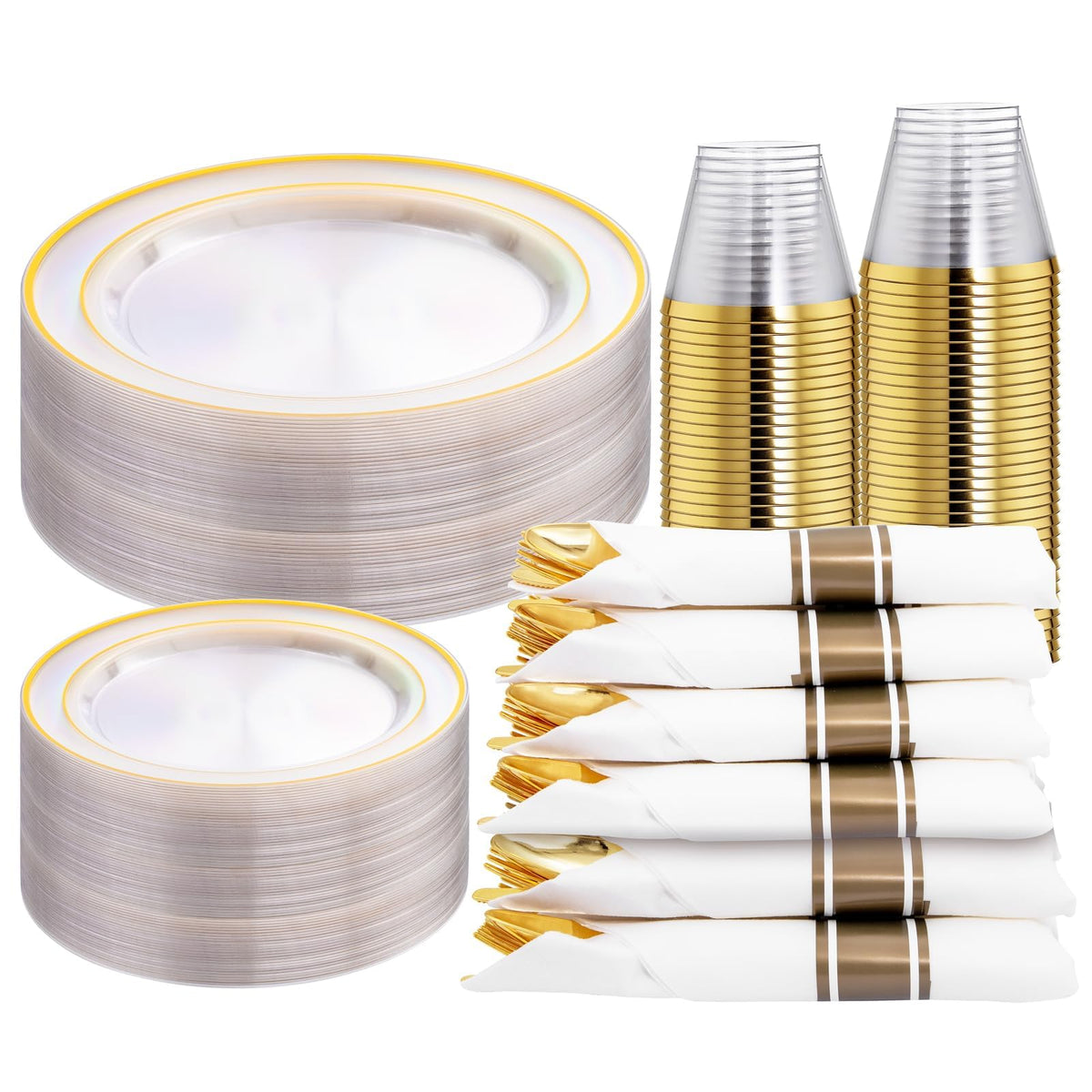 WELLIFE Disposable Plates & Gold Silverware Set, 350 Pieces for 50 Guests