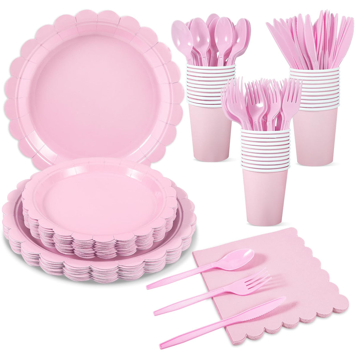 25 Set Party Plates and Cups and Napkins Ivory Scalloped Dinnerware