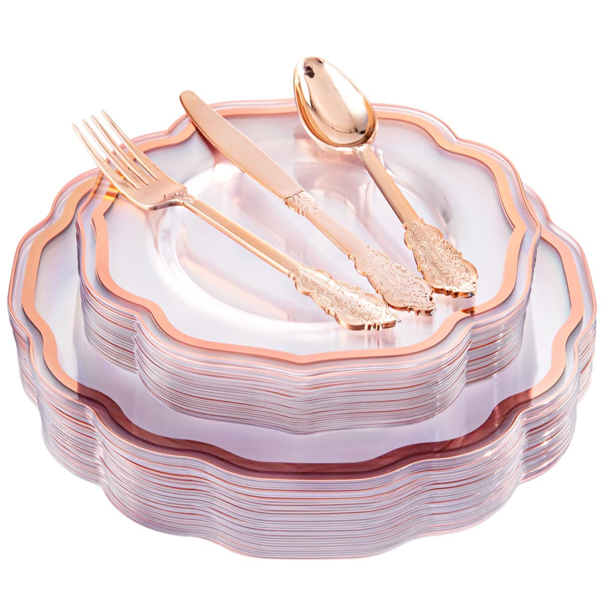 NOCCUR 175PCS Pink Plates with Gold Disposable Silverware - Include 50 Pink Plastic Plates,25 Knives,25 Forks,25 Spoons,25 Cups and 25 Napkins - Ideal for Party/Wedding/Banquet/Baby Shower