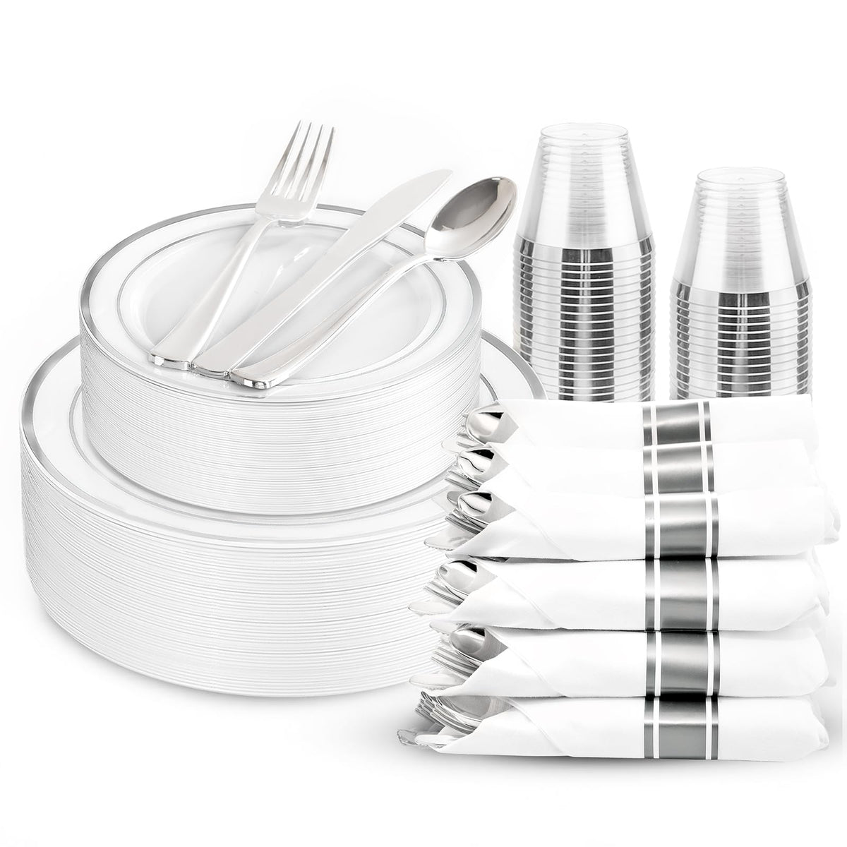 WDF Partyware 350Piece Gold Dinnerware Set for 50 Guests - Gold Plastic Plates with Disposable Cutlery - 50Dinner Plates-50Dessert Plates-50Pre Rolled Napkins with Silverware for Wedding/Thanksgiving