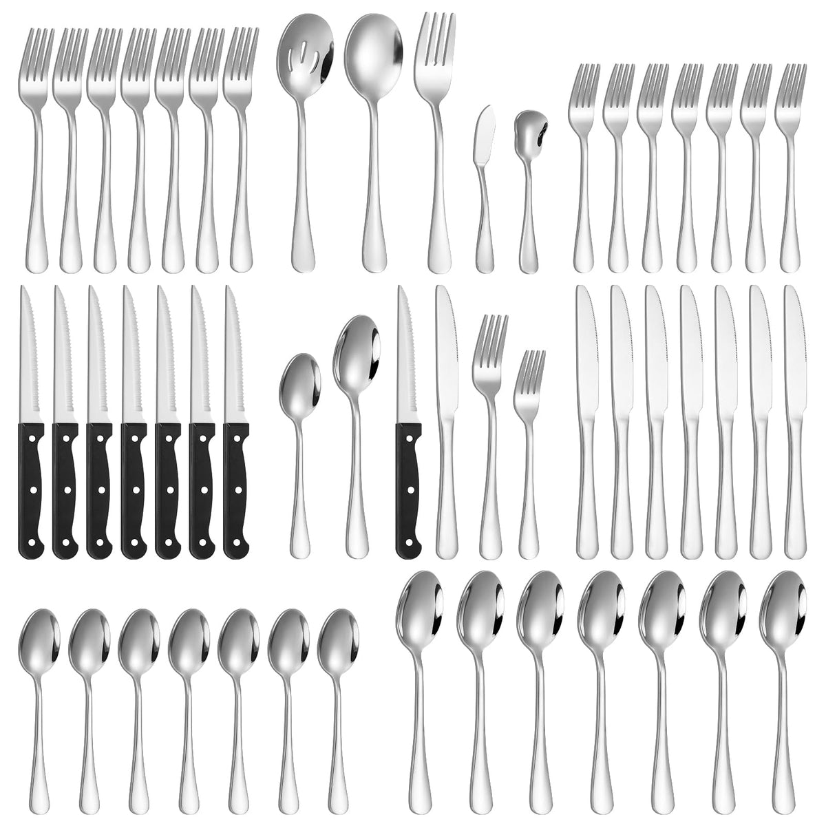 Lazycorner 60-Piece Black Silverware Set with Steak Knives Black Stainless Steel Flatware Set for 10 Food Grade Tableware Cutlery Set Rust-proof, Mirror Polished, Dishwasher Safe