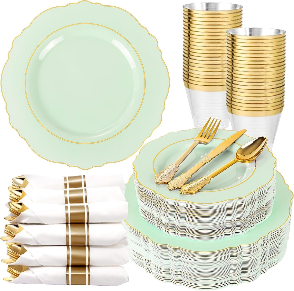 Liacere 350PCS Gold Plastic Plates-Disposable White and Gold Plates Baroque Plastic Dinnerware include 100Plates, 50Pack Pre Rolled Napkins with Silverware 50Cups for Wedding&Thanksgiving&Fall Party