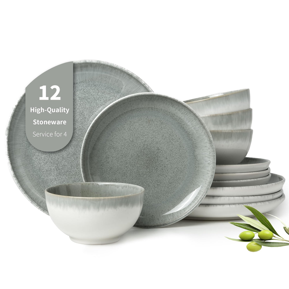 Pokini Stoneware Dinnerware Sets for 8, 24pcs Plates and Bowls Sets Dishes