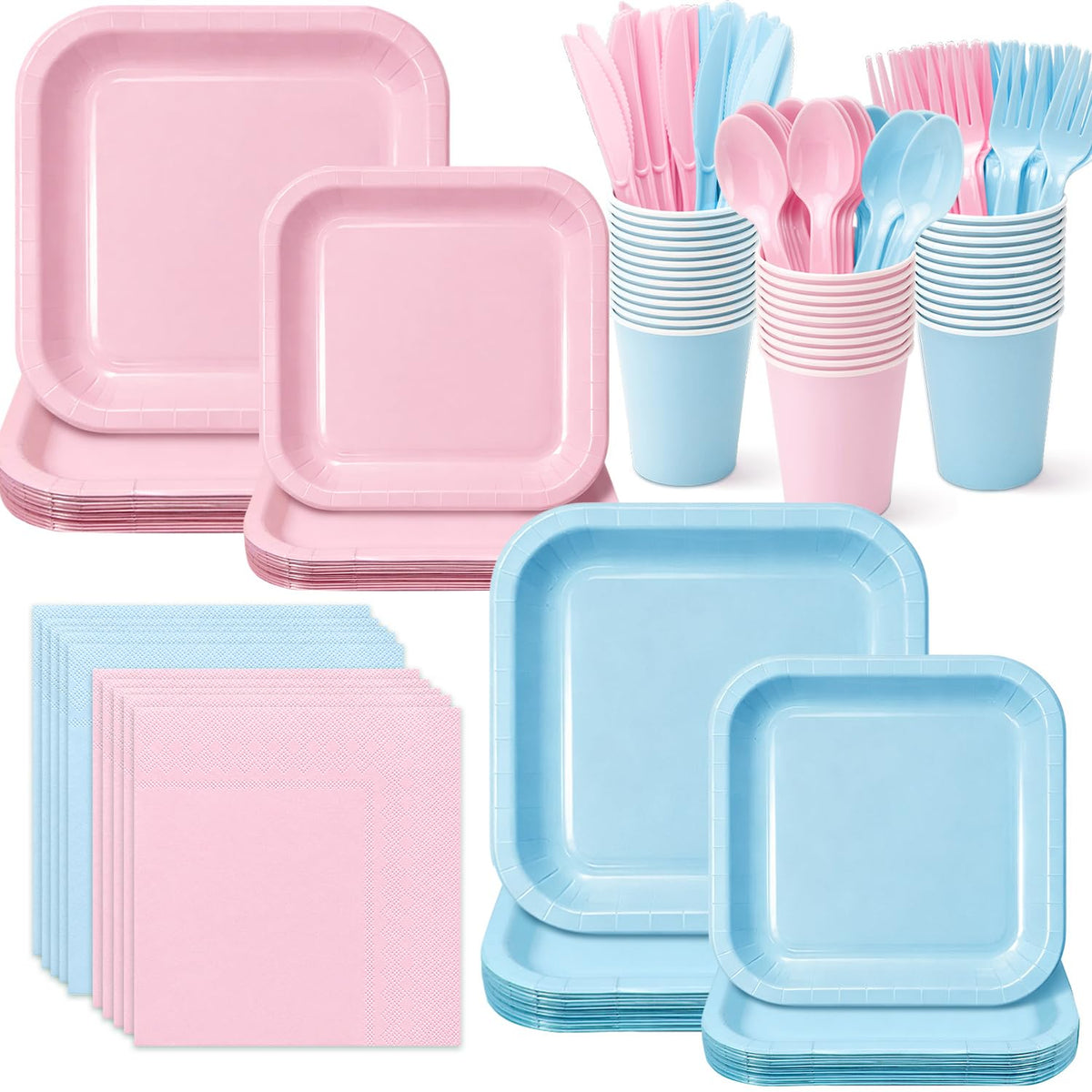 Vyntra 350 Pcs Light Blue Square Paper Plates and Napkins Set, Serves 50