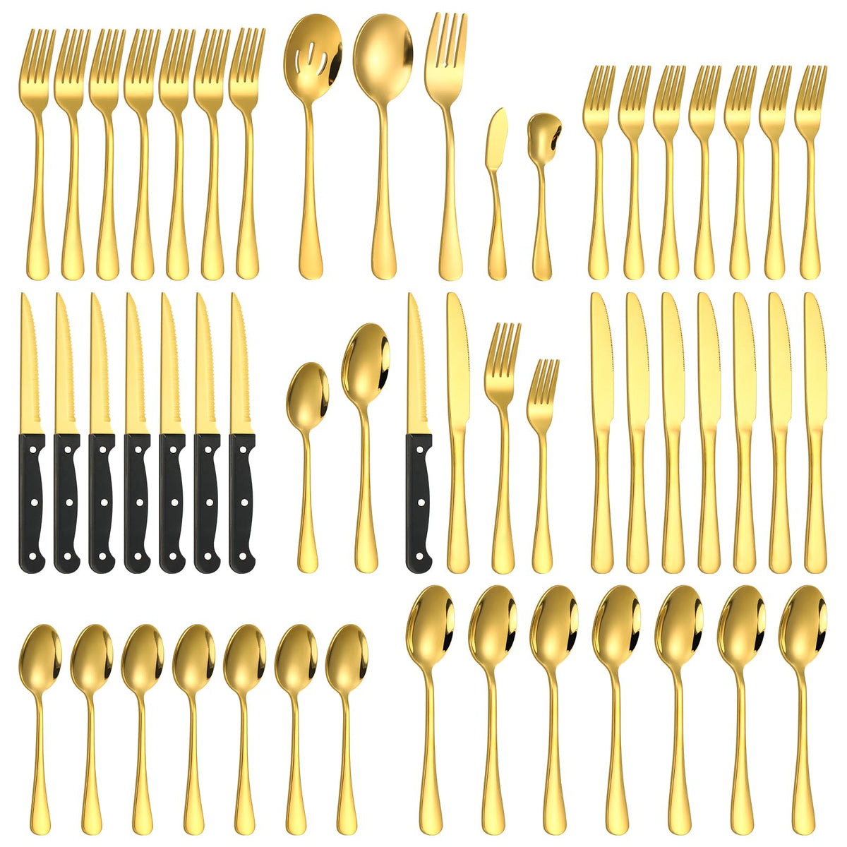 Lazycorner 60-Piece Black Silverware Set with Steak Knives Black Stainless Steel Flatware Set for 10 Food Grade Tableware Cutlery Set Rust-proof, Mirror Polished, Dishwasher Safe