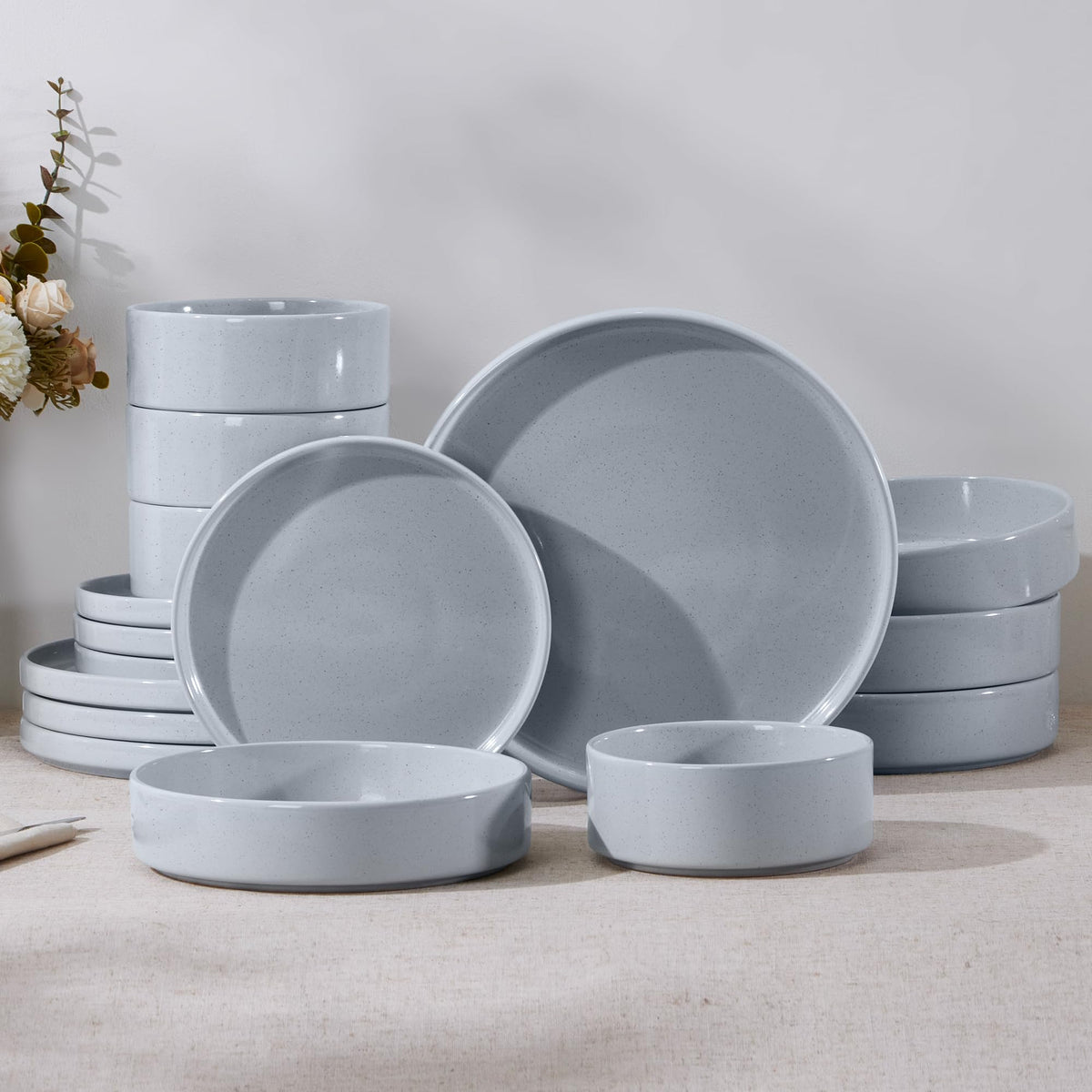 E-far Stoneware Dinnerware Sets, 12-Piece Black Plates and Bowls Set for 4