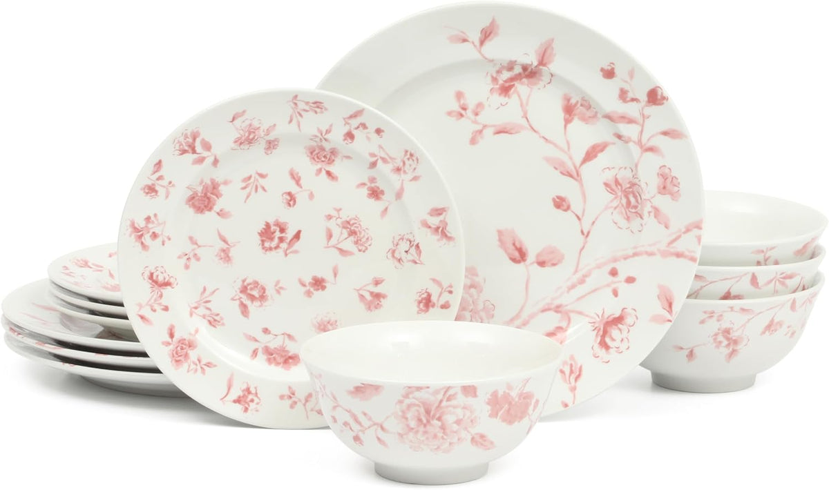 Martha Stewart Empress Bouquet 12-Piece Decorated Porcelain Chip and Scratch Resistant Dinnerware Plates and Bowls Set - Pink Floral
