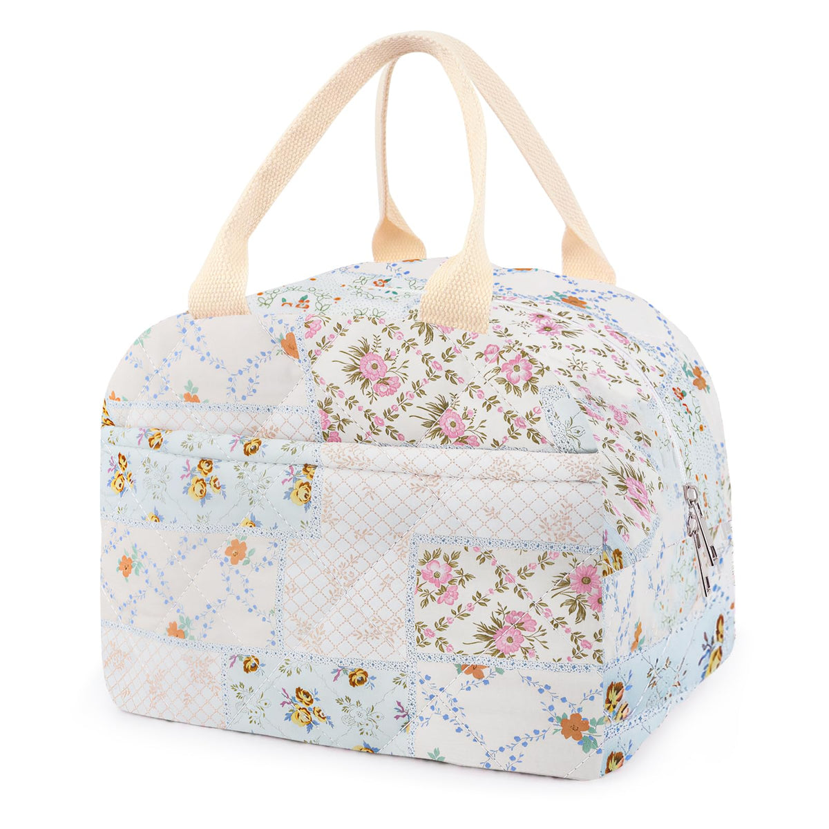 Cotton Quilted Insulated Lunch Bag, Reusable Quilted Floral Lunch Tote Bags