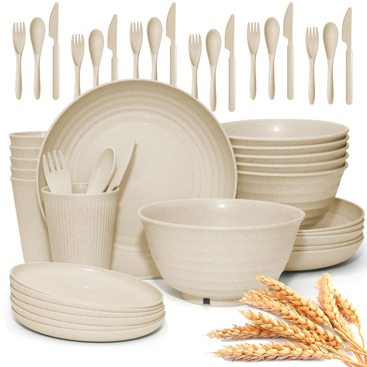 36 Pcs Wheat Straw Dinnerware Set,Dinnerware Sets for 6,Large Round Plates, Bowls and Cups, Unbreakable dish set, Dishwasher and Microwave Safe, Outdoor Camping Dishes (Black)
