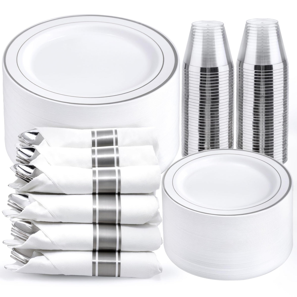 WELLIFE 50 Guests Dinnerware Sets, Gold Plastic Plates，Platos Para Fiestas Elegantes Desechables Include:50 Dinner Plates, 50 Dessert Plate, 150 Pcs Gold Plastic Silverware, 50 Cups for Party