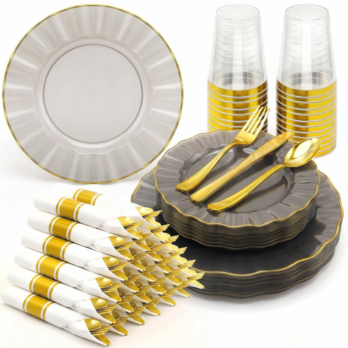 Glowserve Scalloped Plastic Plates Dinnerware Set 175 PCS for 25 Guests