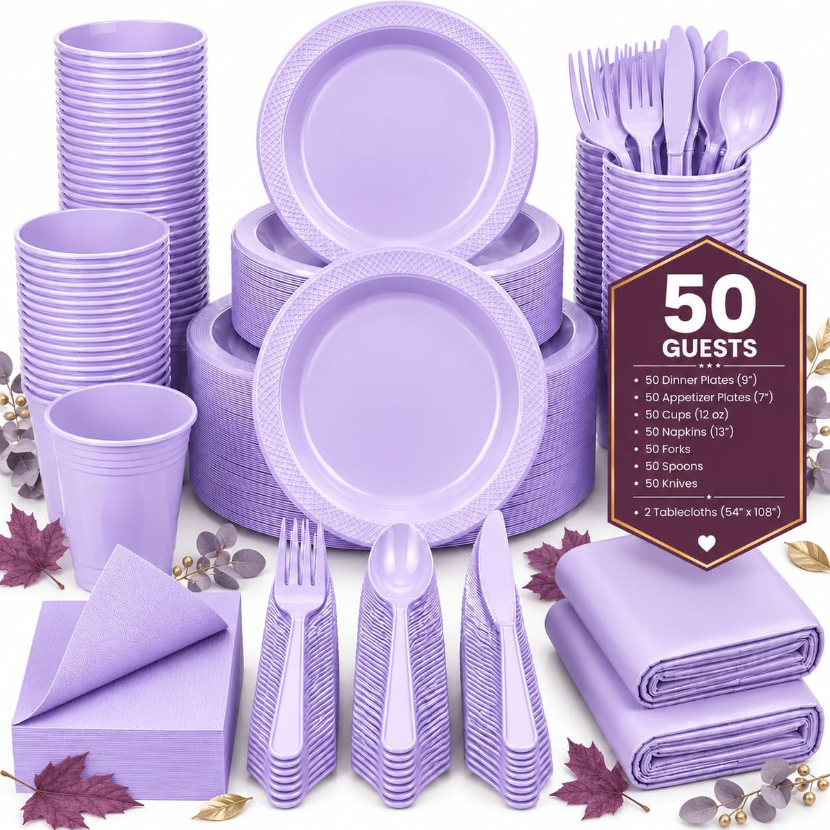 Tinybee 352 Pcs Pink Plastic Plates, Disposable Dinnerware Set for 50