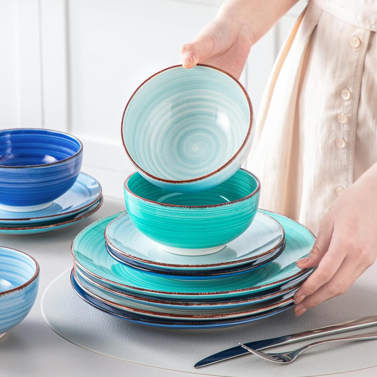 vancasso Bonita Dinnerware Sets 12 Pieces for 4, Ceramic Dishes Set Blue