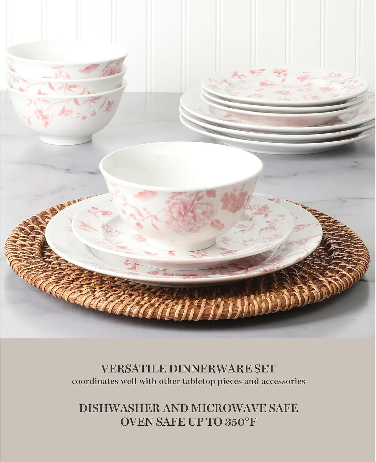 Martha Stewart Empress Bouquet 12-Piece Decorated Porcelain Chip and Scratch Resistant Dinnerware Plates and Bowls Set - Pink Floral