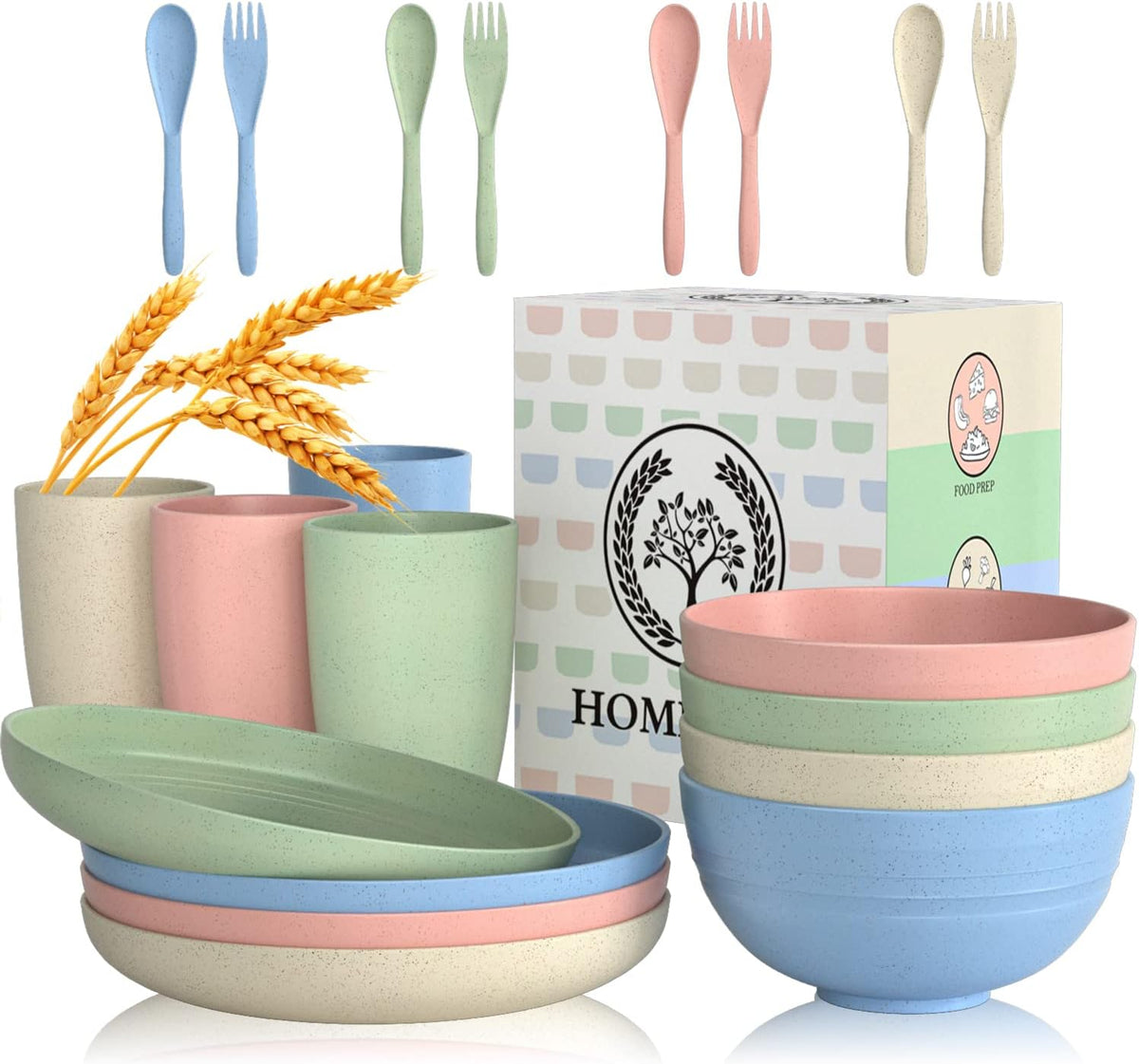 Homienly Wheat Straw Dinnerware Sets 20 PCS Plates and Bowls Sets Microwave and Dishwasher Safe Dish Set Unbreakable Camping Dish Set Cups and Plates Sets for Kitchen, Picnic, RV (Multilight)
