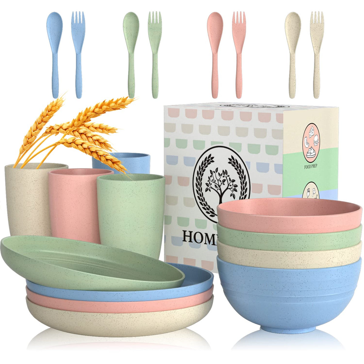 Homienly Wheat Straw Dinnerware Sets 20 PCS Plates and Bowls Sets Microwave and Dishwasher Safe Dish Set Unbreakable Camping Dish Set Cups and Plates Sets for Kitchen, Picnic, RV (Multilight)
