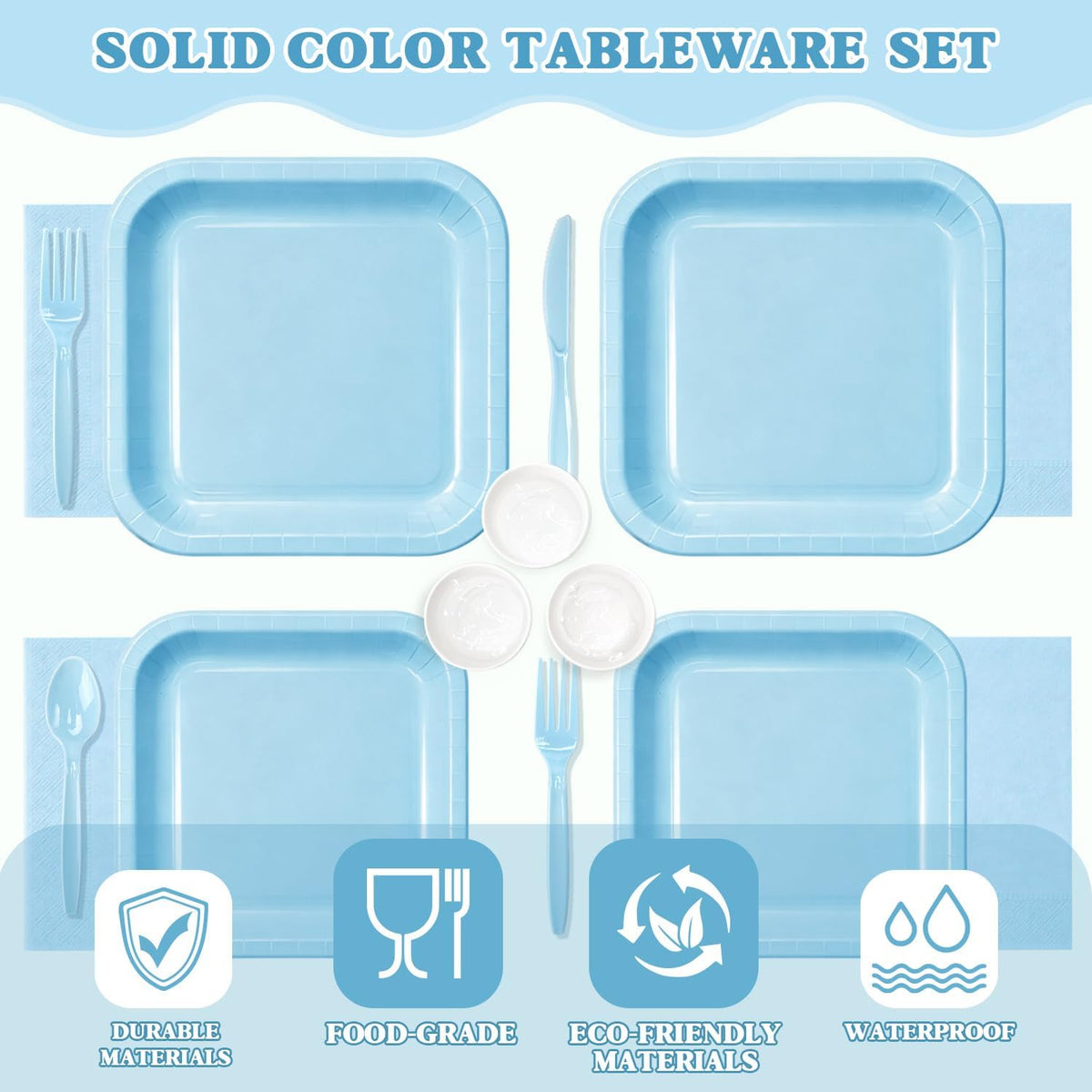 Vyntra 350 Pcs Light Blue Square Paper Plates and Napkins Set, Serves 50