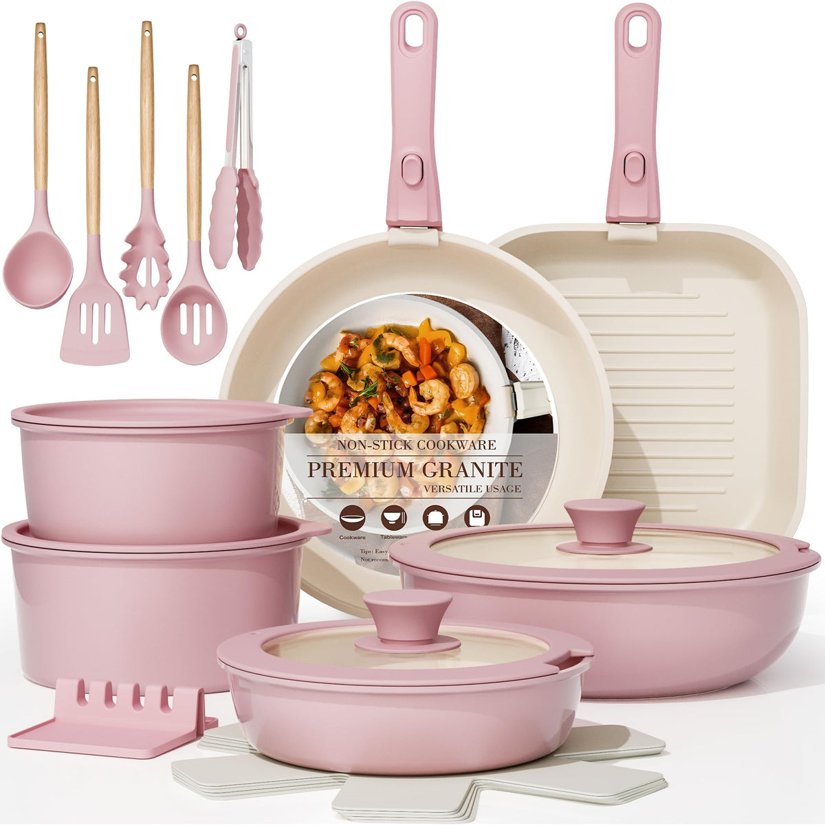 Astercook 21 Pcs Pots and Pans Set Non Stick, Ceramic Cookware Set Detachable Handle, RV Kitchen Cooking Set Removable Handles, Oven Safe, Induction Ready, Stackable, Cream, Fathers Day Gift for Men