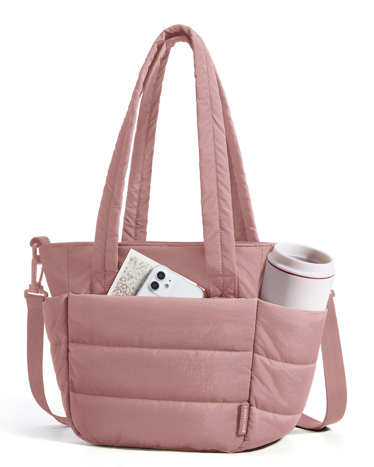 BAGSMART Lunch Bag Women Small Insulated Tote with Lunch Compartment Quilted Lightweight Puffy Tote Bag for Work, Travel, Outdoor, Pink