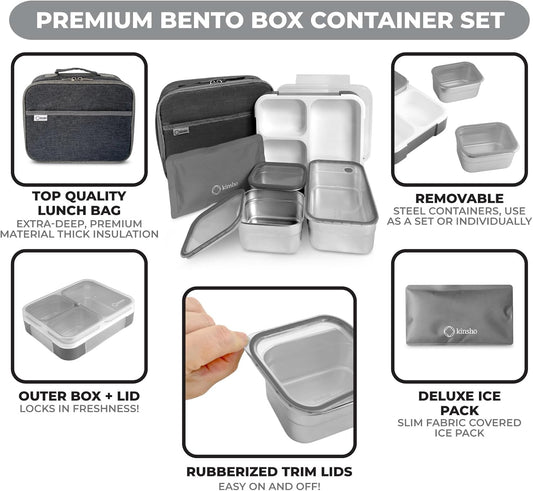 Stainless Steel Big Bento Lunch Box Set For Adults, Kids - Insulated Bag and Ice Pack - Large Leak-Proof Metal Compartment Meal Prep Food & Snack Containers for Work Travel School, 42 oz Grey Black