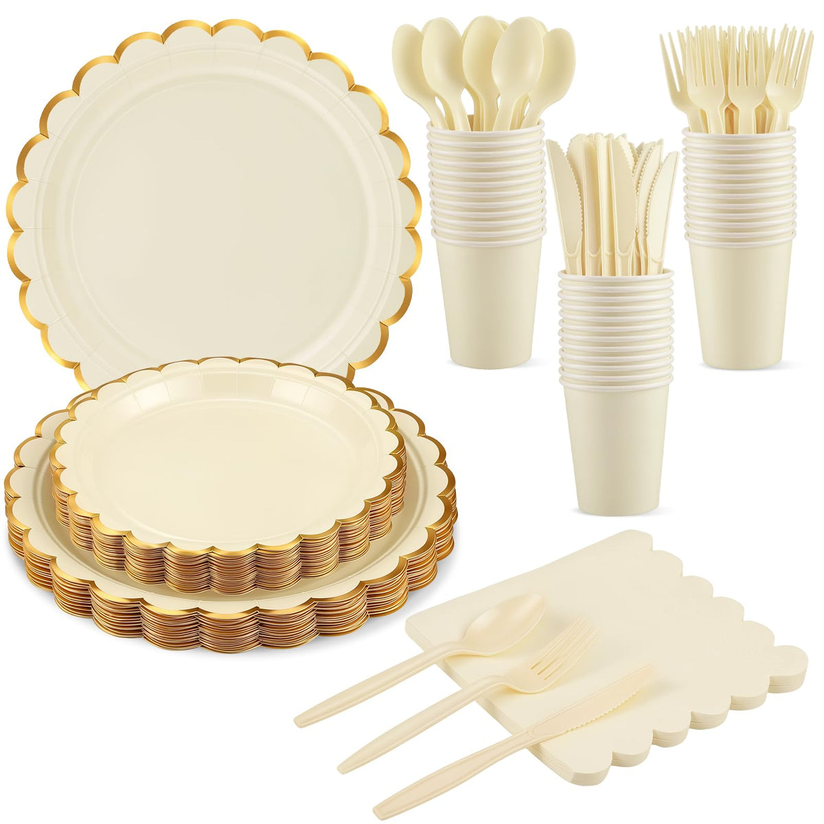 25 Set Party Plates and Cups and Napkins Ivory Scalloped Dinnerware