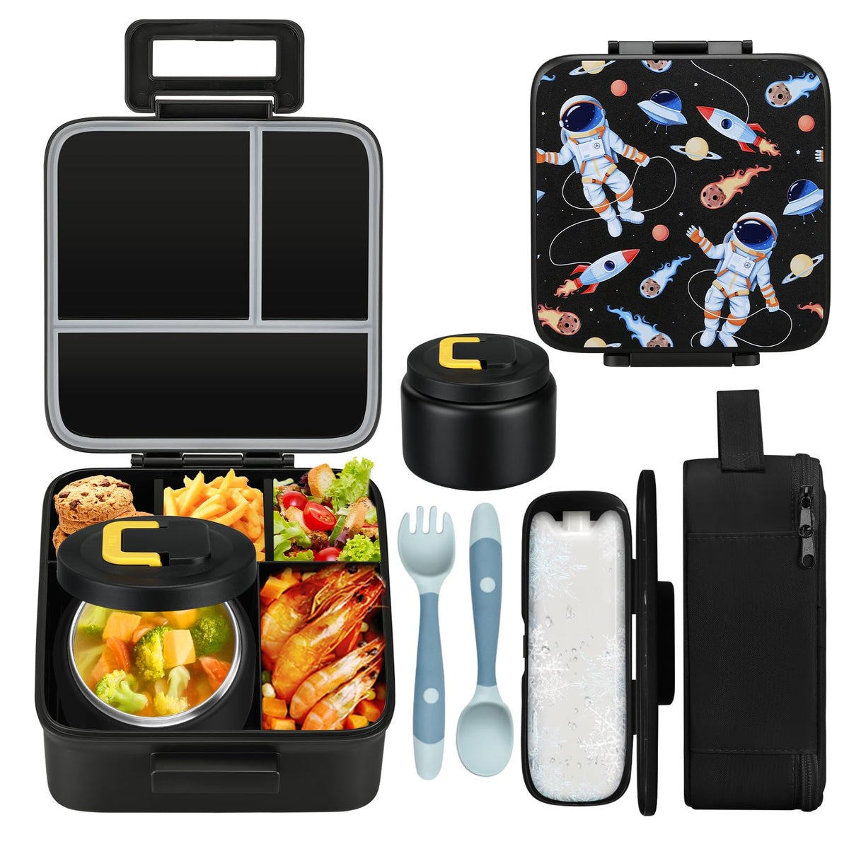 MAISON HUIS Bento Lunch Box with 8oz Soup Thermo and Insulated Lunch Bag, Kids Leakproof Lunch Food Containers with 5 Compartment, Boys Girls Thermo Hot Food Jar for Travel, School, BPA Free (Black)