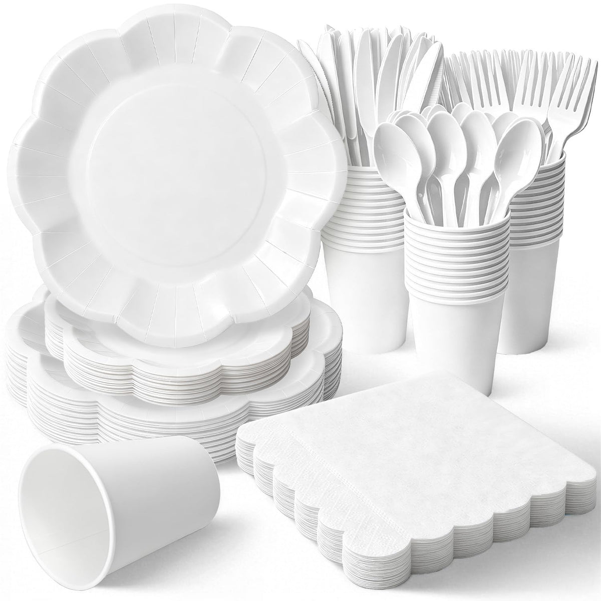 Vyntra Ivory Paper Plates, Cups & Napkins, 350 Pcs Scalloped Party Set