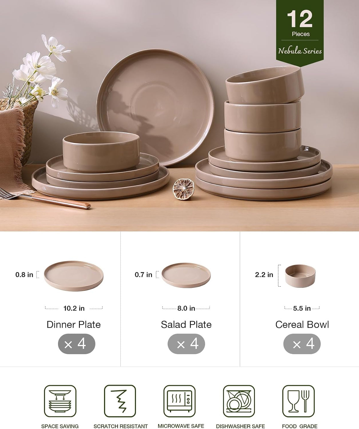 Famiware Nebula Plates and Bowls, 12-Piece Dinnerware Set, Cinnamon Brown