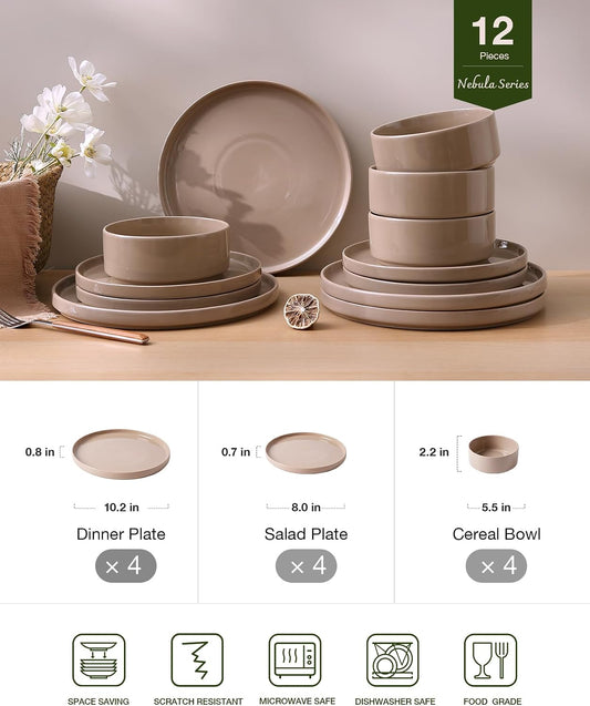 Famiware Nebula Plates and Bowls, 12-Piece Dinnerware Set, Cinnamon Brown