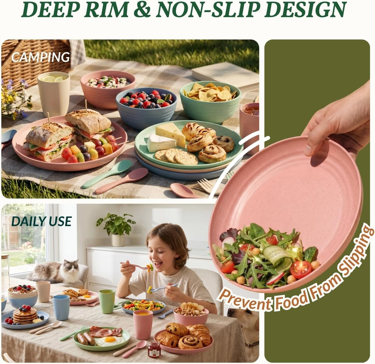 Homienly Wheat Straw Dinnerware Sets 20 PCS Plates and Bowls Sets Microwave and Dishwasher Safe Dish Set Unbreakable Camping Dish Set Cups and Plates Sets for Kitchen, Picnic, RV (Multilight)