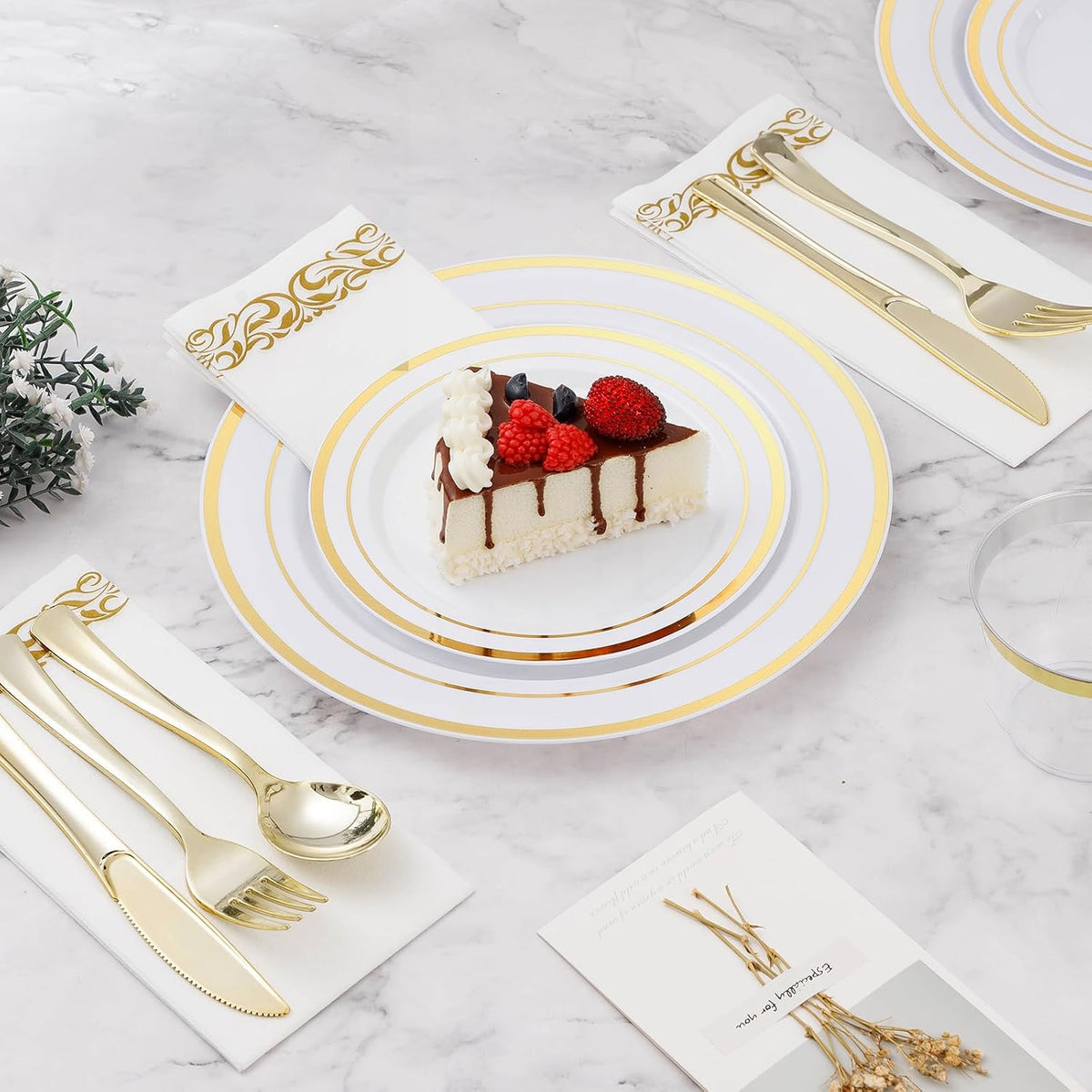 BESTVIP 700 PCS Disposable White and Gold Plastic Plates for 100 Guests