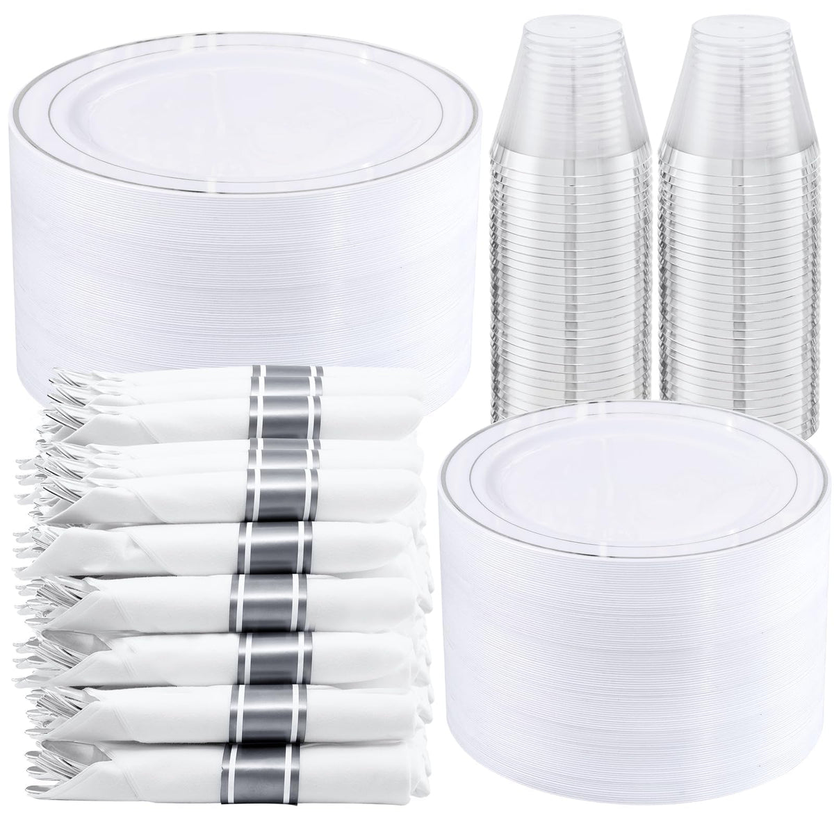 WELLIFE Disposable Plates & Gold Silverware Set, 350 Pieces for 50 Guests