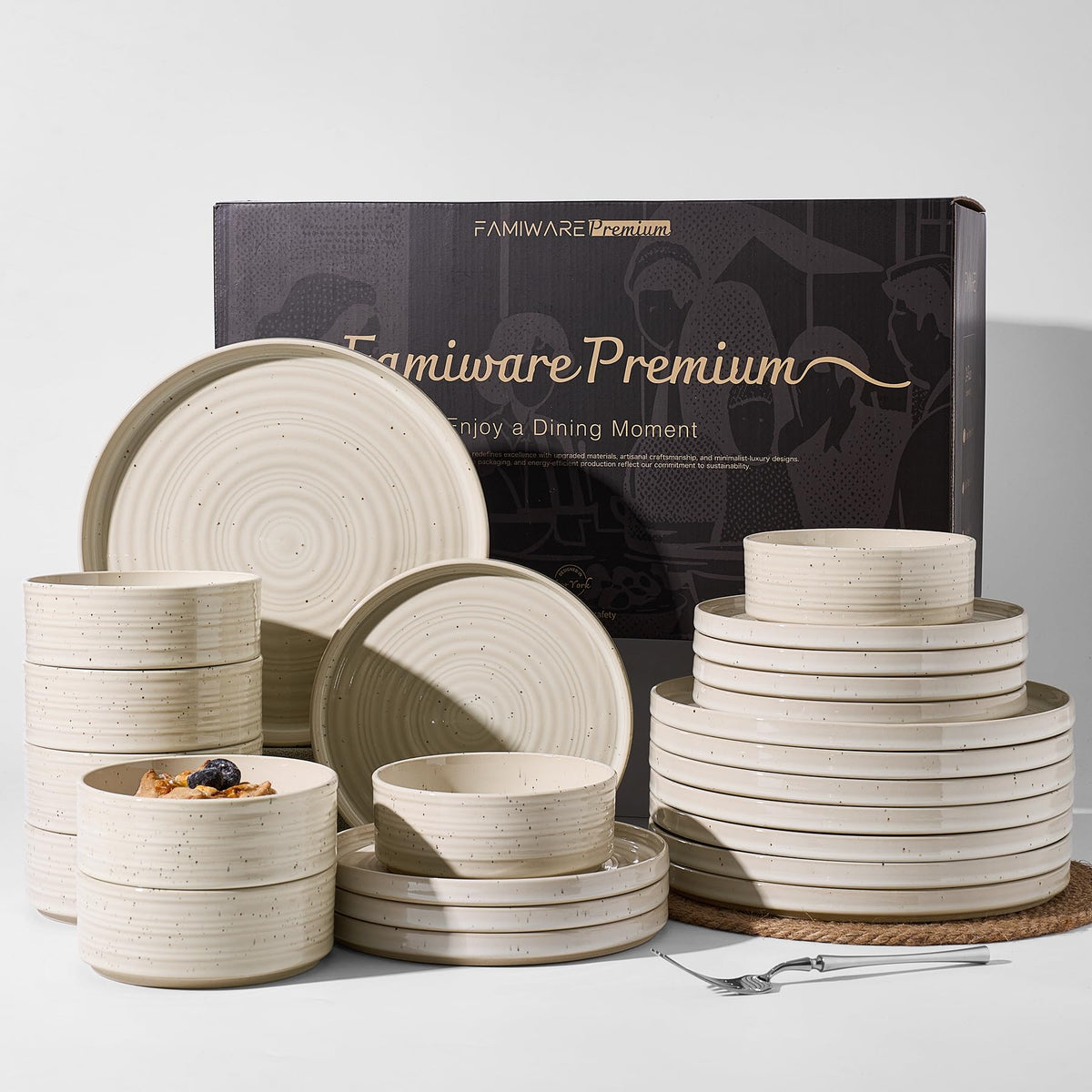 Stoneware Dinnerware Sets for 4, Reactive Glaze Plates & Bowls, Shell Beige