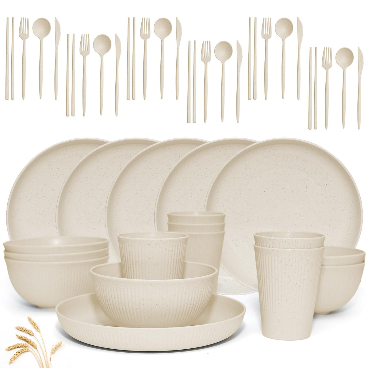 Wheat Straw Dinnerware Sets -DAPIPIK 42 Piece Unbreakable Dinnerware Sets for 6, Kitchen Plates and Bowls Set, Lightweight Camping Plates Cups and Bowls Set.Dishwasher Microwave Safe Dinnerware