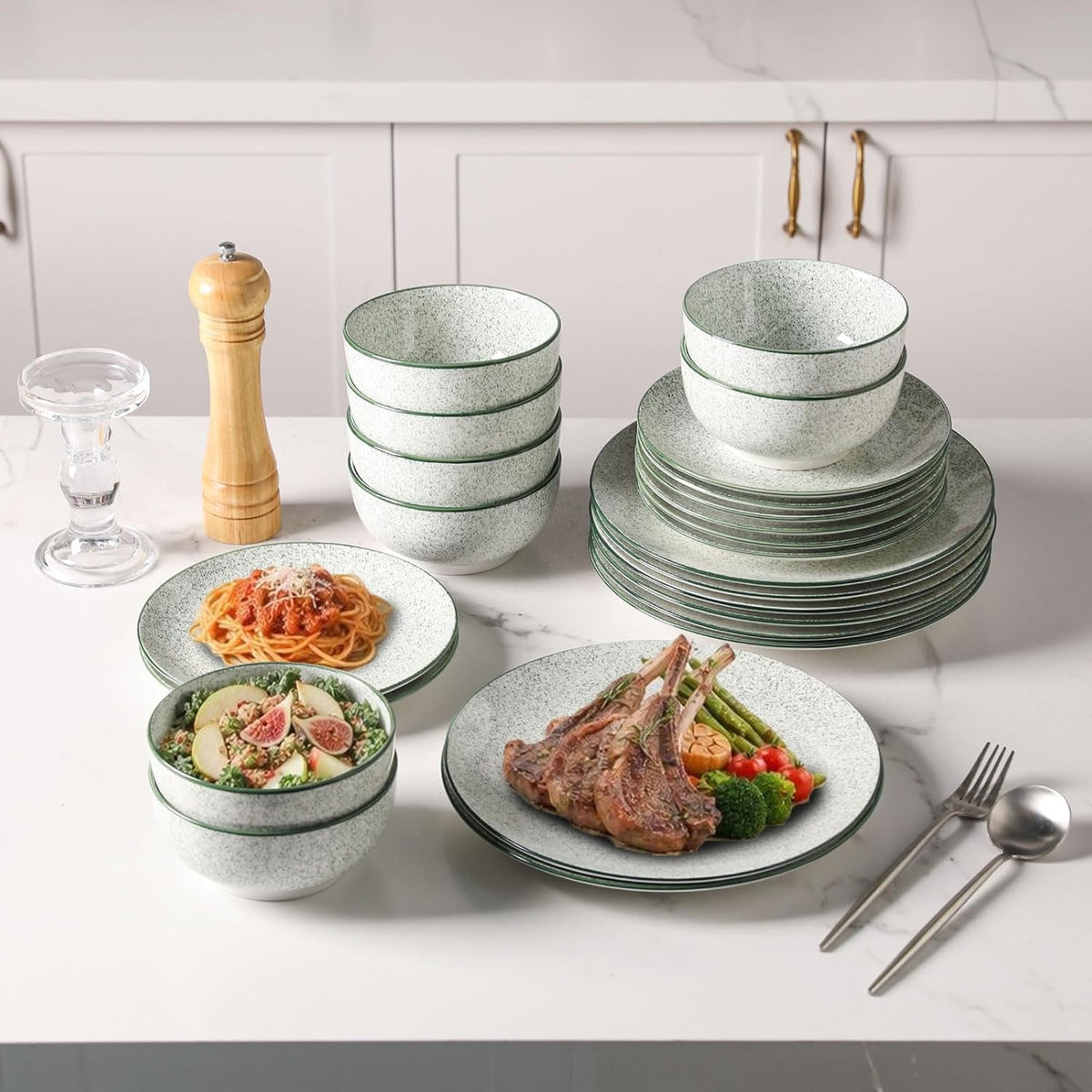 Sweejar Dinnerware Set of 4,12 Piece Ceramic Plates and Bowls Set Green