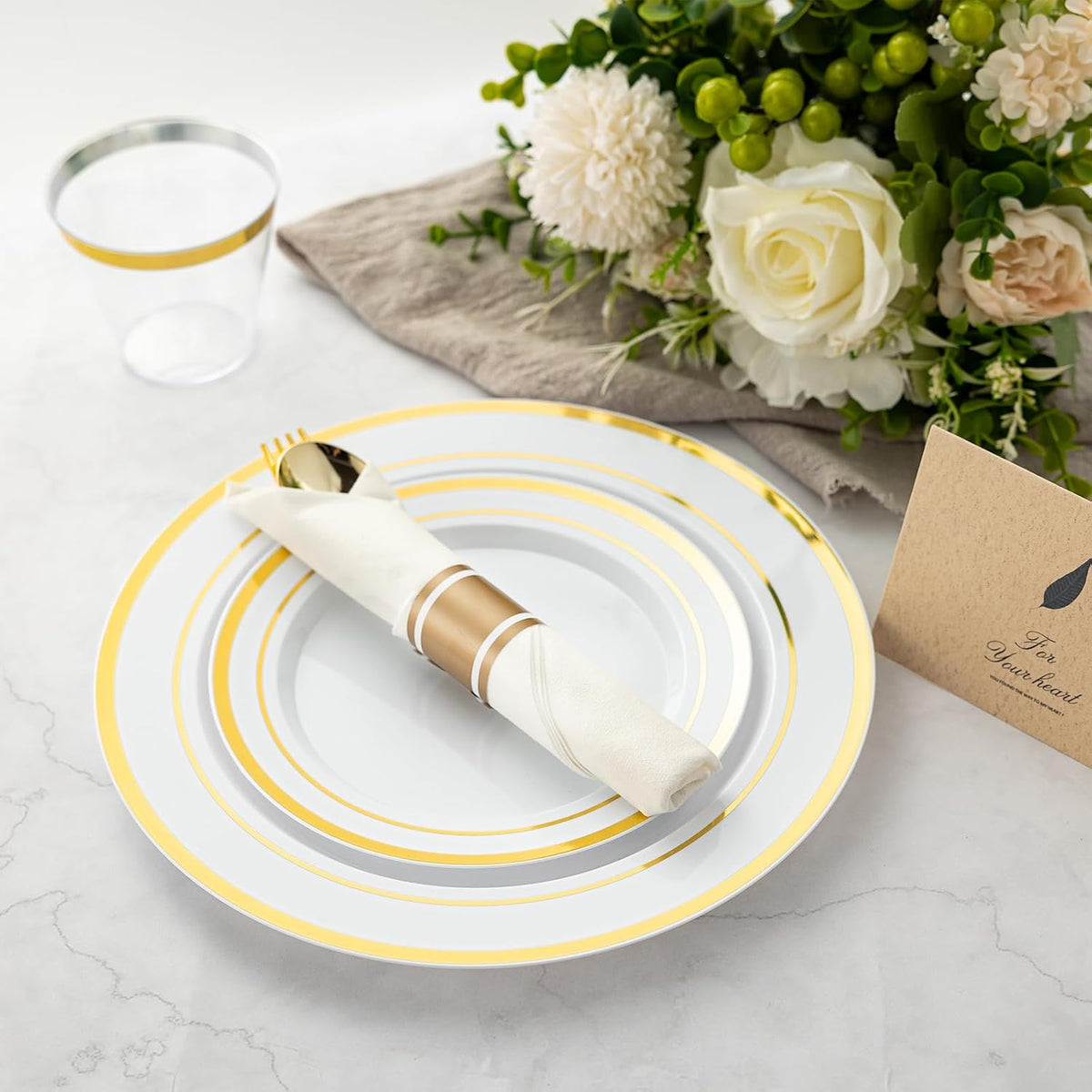 N9R 350PCS White and Gold Plastic Plates, Disposable Dinnerware Set