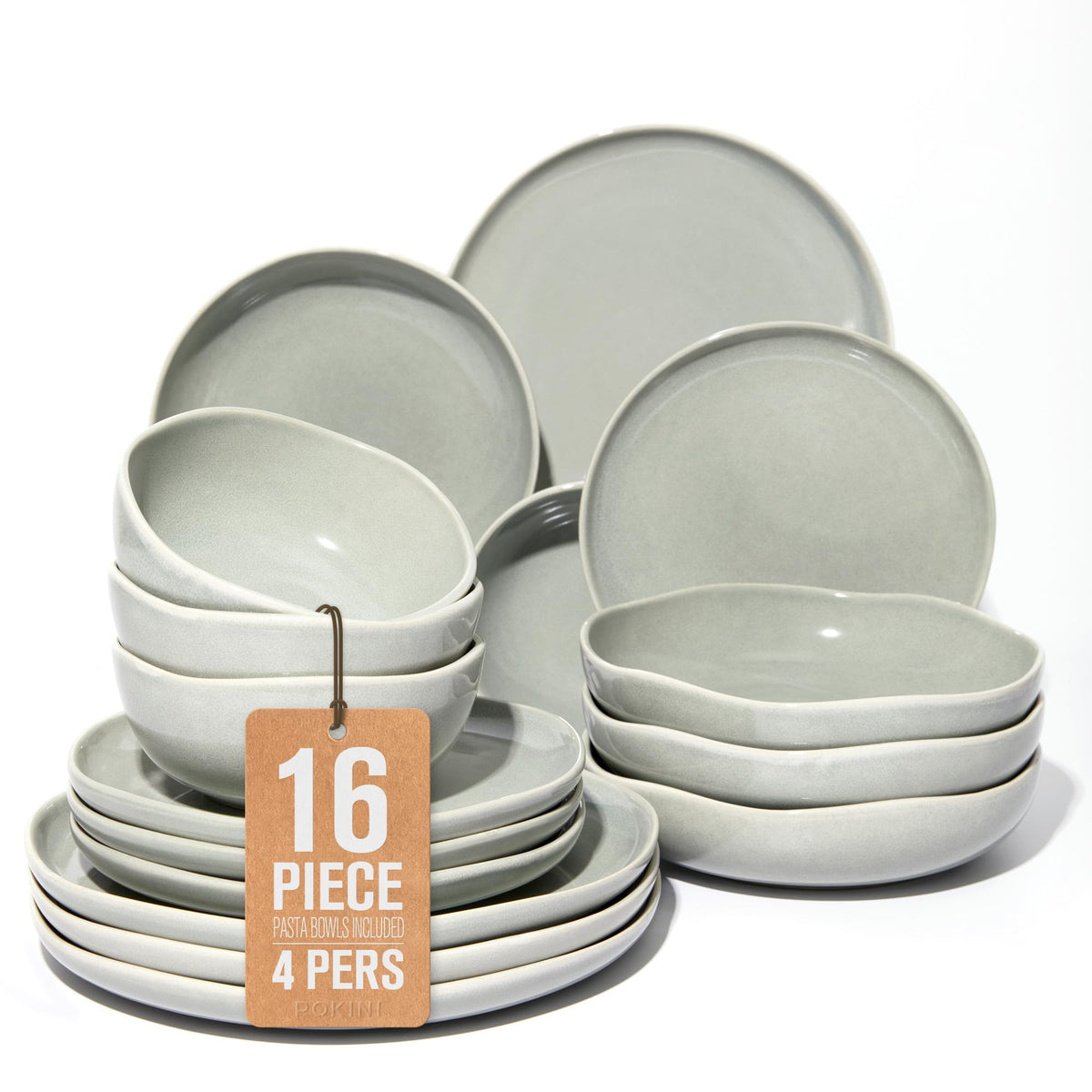 Pokini Stoneware Dinnerware Sets for 4, 12Pcs Ceramic Plates and Bowls Sets