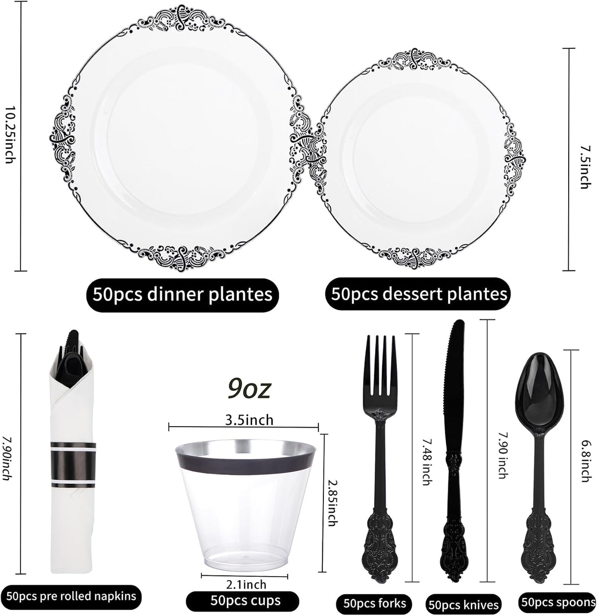 Hioasis 350 Pcs Clear Black Plates for Party