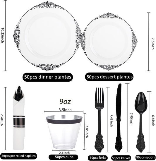 Hioasis 350 Pcs Clear Black Plates for Party