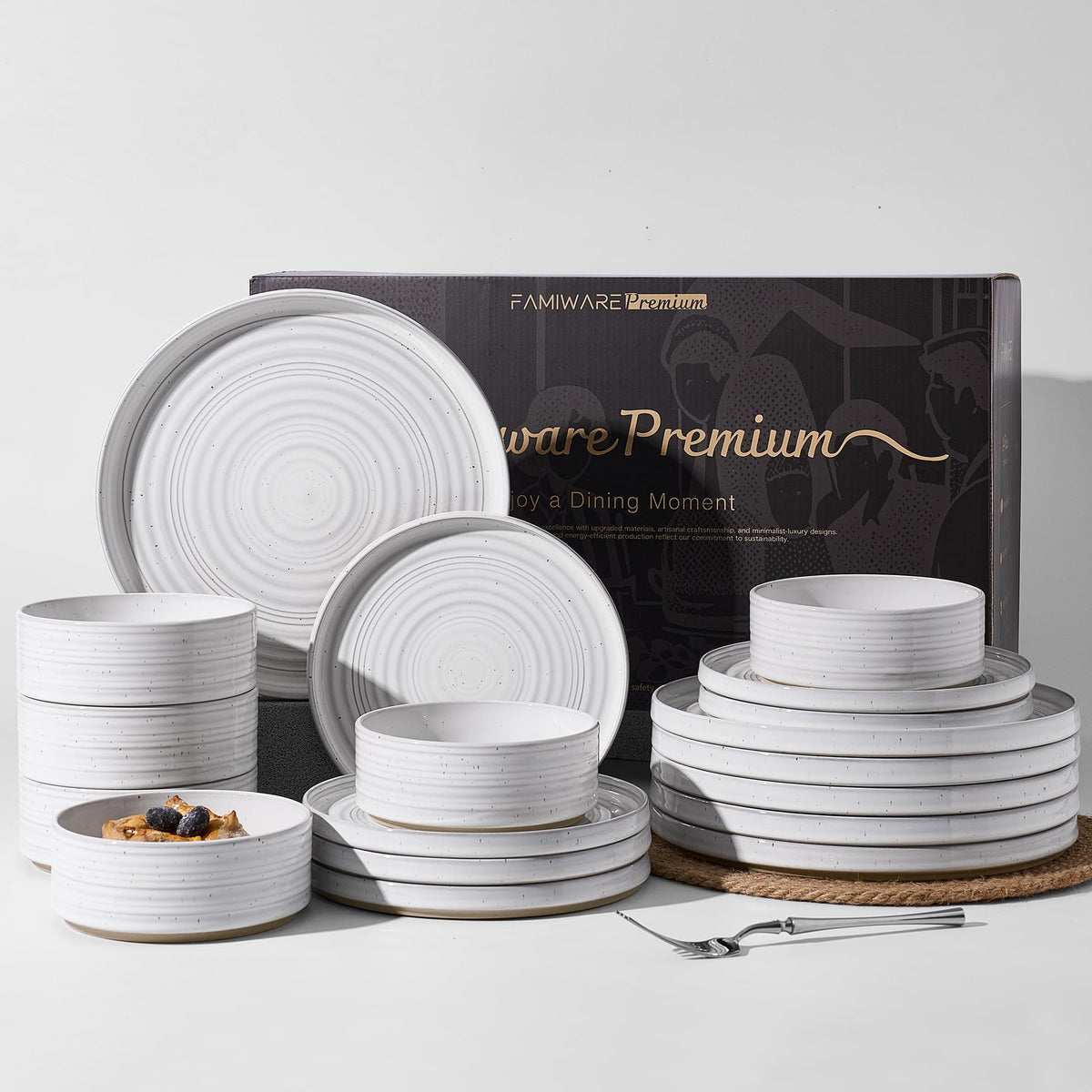 Stoneware Dinnerware Sets for 4, Reactive Glaze Plates & Bowls, Shell Beige