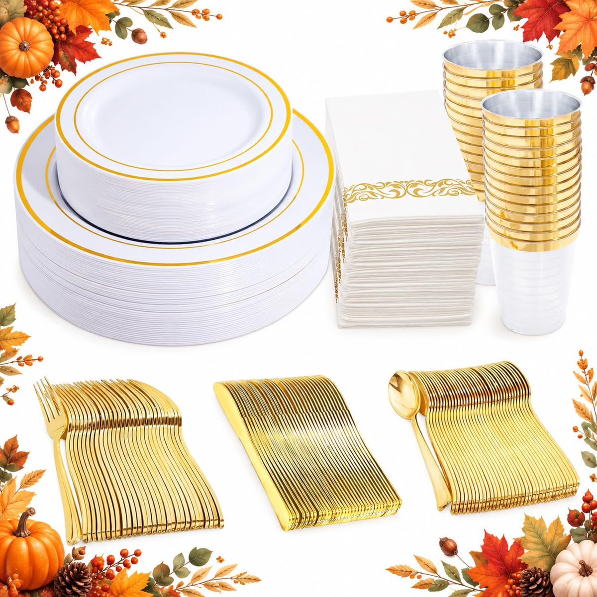 350 Pieces Black and Gold Plastic Plates with Disposable Silverware, Include 50 Dinner Plates 9”, 50 Dessert Plates 6.3”, 50 Black Cups 9 OZ, 50 Pre Rolled Napkins for Wedding/Party/Birthday/Halloween