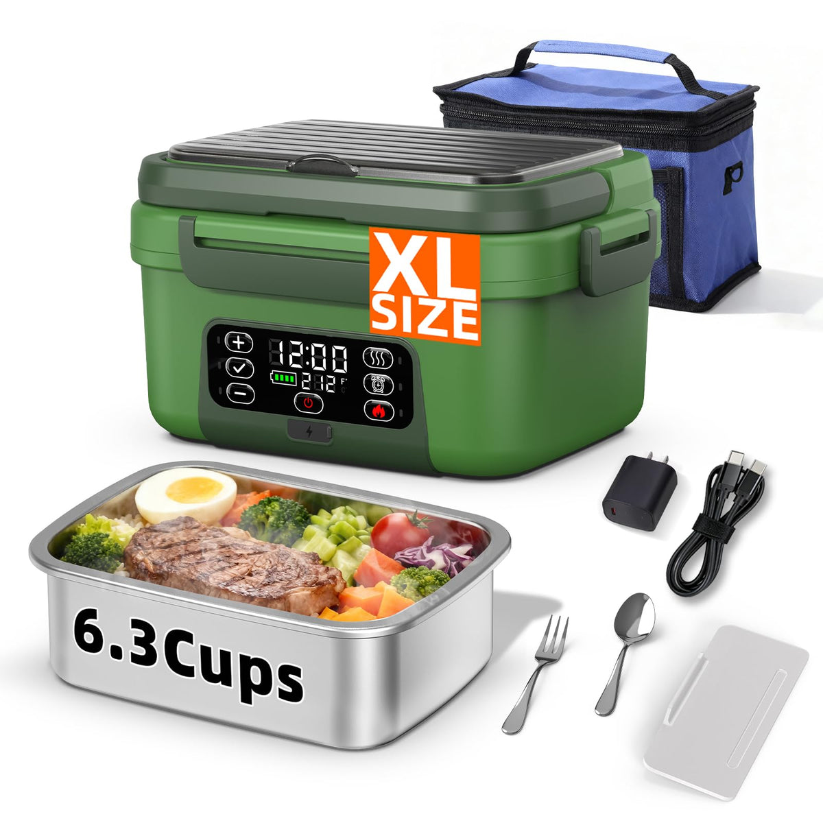 XL 6.3-Cups Cordless Electric Heated Lunch Box for Adults, 20000mAh Rechargeable Battery Powered Smart Self Heating Lunchbox for Men Women, 100W Food Warmer for Trucks Driver Travel Office Worker