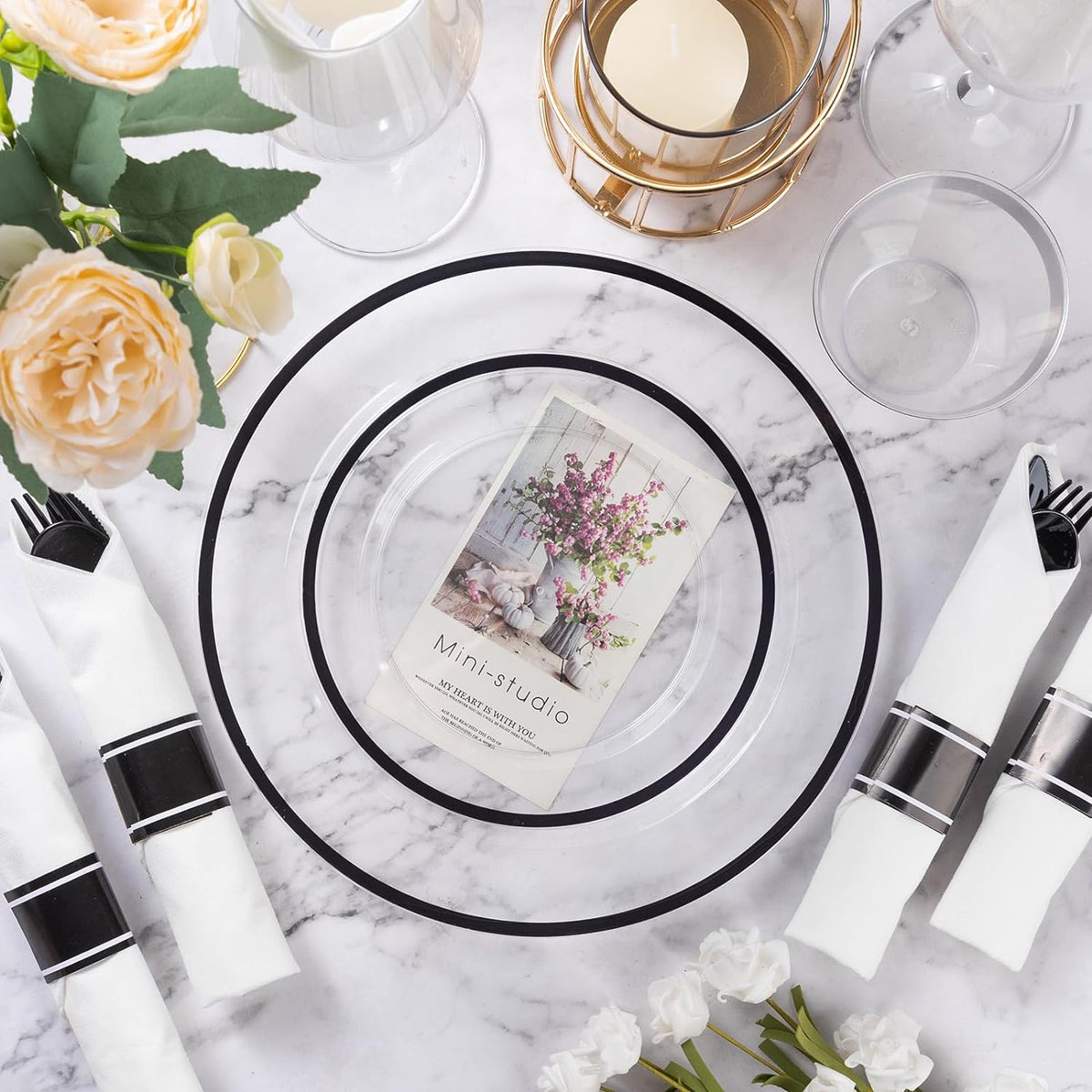 Goodluck 350 Pcs Clear Plastic Plates with Black Rim, Plastic Dinnerware