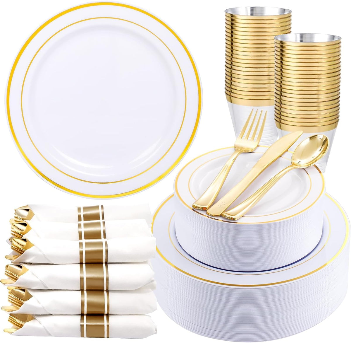 WDF Partyware 350Piece Gold Dinnerware Set for 50 Guests - Gold Plastic Plates with Disposable Cutlery - 50Dinner Plates-50Dessert Plates-50Pre Rolled Napkins with Silverware for Wedding/Thanksgiving