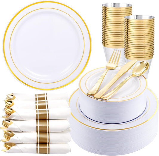 WDF Partyware 350Piece Gold Dinnerware Set for 50 Guests - Gold Plastic Plates with Disposable Cutlery - 50Dinner Plates-50Dessert Plates-50Pre Rolled Napkins with Silverware for Wedding/Thanksgiving