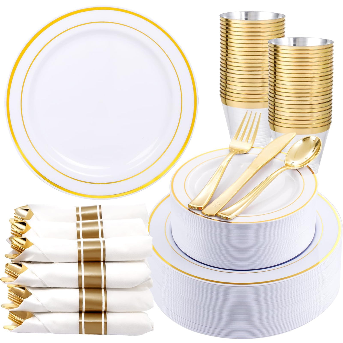 WDF Partyware 350Piece Gold Dinnerware Set for 50 Guests - Gold Plastic Plates with Disposable Cutlery - 50Dinner Plates-50Dessert Plates-50Pre Rolled Napkins with Silverware for Wedding/Thanksgiving
