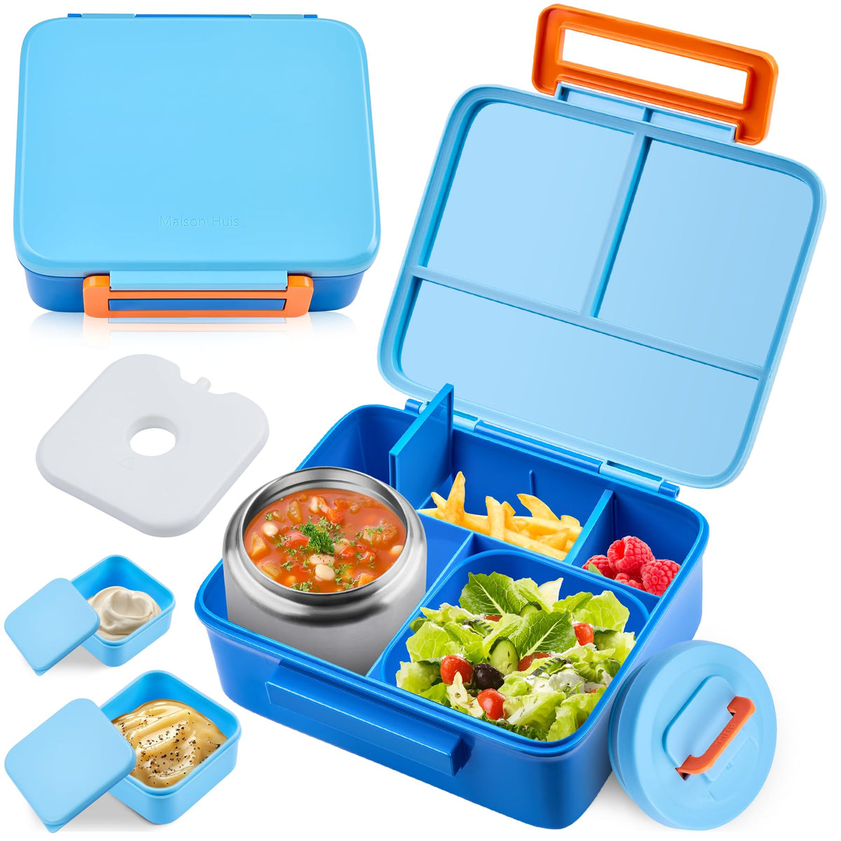 Bento Lunch Box for Kids with 8oz Soup Thermo Leak-Proof Lunch Food Containers with Snack Sauce Container for Kid Girls Boys to School,Blue Bag