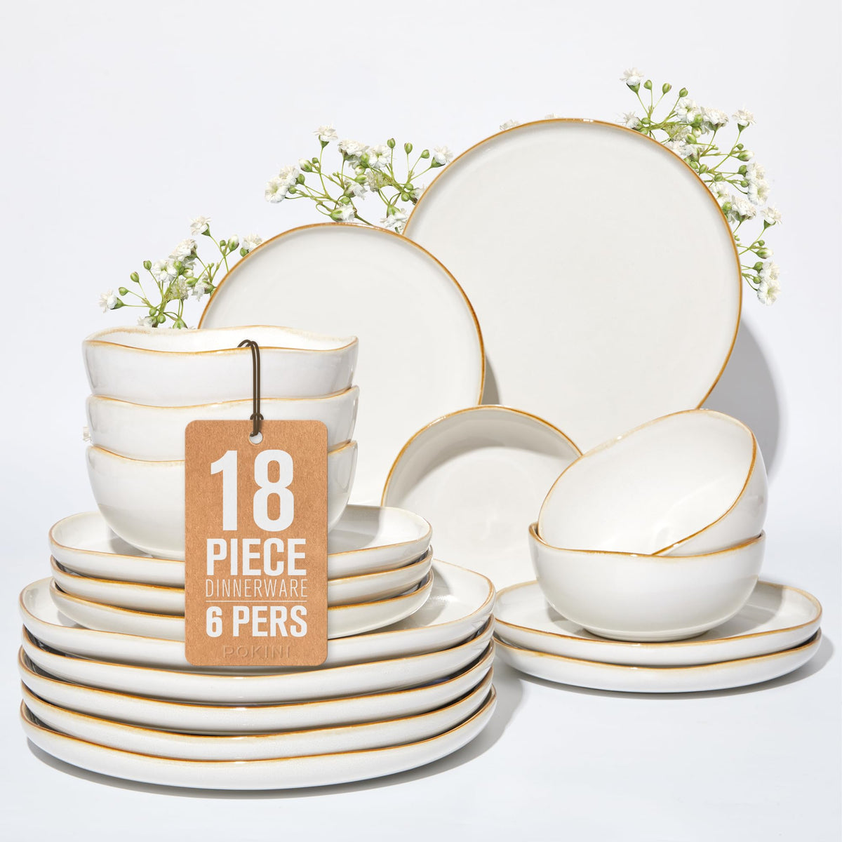 Pokini Stoneware Dinnerware Sets for 4, 12Pcs Ceramic Plates and Bowls Sets